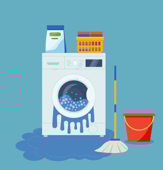 Washing machine from which water flows. Vector illustration in a flat style.