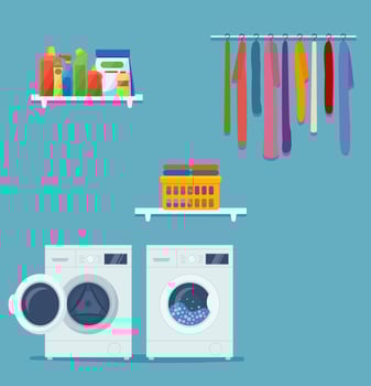 Laundry room interior with washing machine, clothes and cleaning products. vector