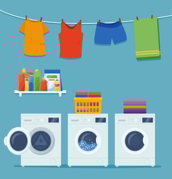 Laundry room interior with washing machine, clothes and cleaning products. vector