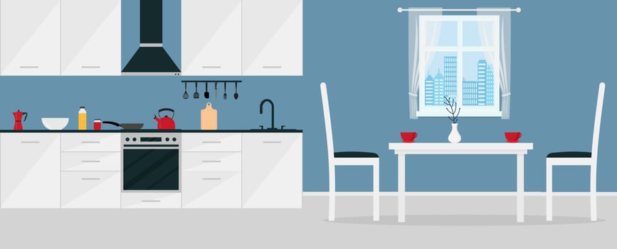 Interior Kitchen with furniture. Flat style vector illustration.