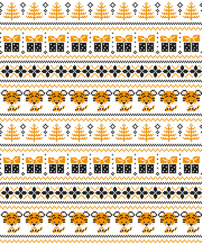 Knitted Christmas and New Year pattern in Tiger. Wool Knitting Sweater Design. Wallpaper wrapping paper textile print. vector