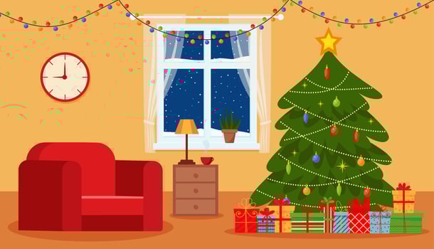 Cozy living interior Christmas with red sofa, gifts, and tree. Vector flat style illustration.