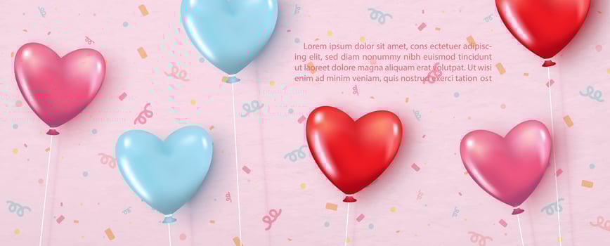 Pink, red and blue balloon in glossy heart shape and 3d style with example texts on party ribbons pattern and pink banner background. vector