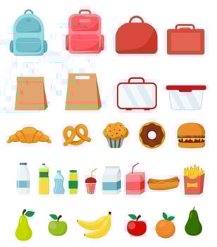 School lunch food boxes meal and snack. Vector illustration in flat style