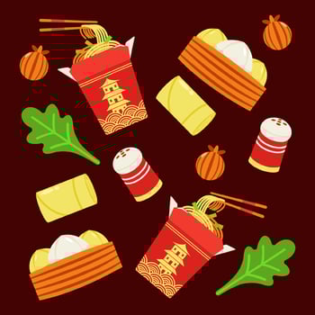 Chinese food. Boxed noodles, steamed buns, fried rolls and vegetables pattern vector