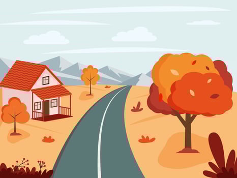 Autumn landscape with a road to the mountains. Vector illustration in flat style