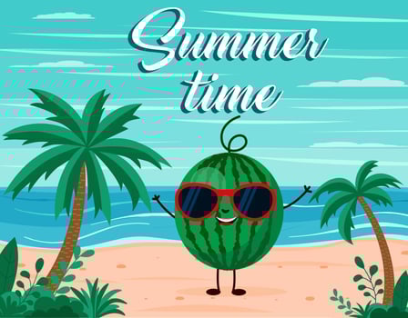 funny summer beach background with watermelon fruit character. Cartoon style. Summer time postcard vector