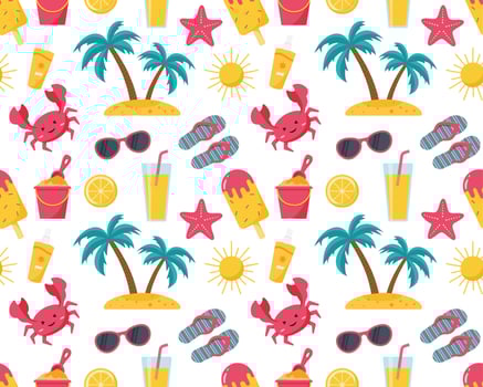 Seamless summer beach pattern in umbrella, glasses, sun, lemonade, crab, palm vector