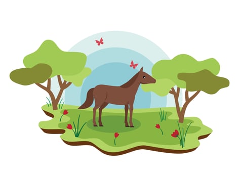 Cute farm animals horse with spring landscape. vector cartoon illustration