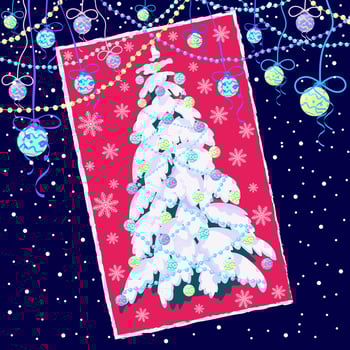 A cheerful, bright design of a holiday card with a decorated Christmas tree in a red frame on a dark blue background with balloons, garlands and snowflakes. The concept of Christmas and New Year vector