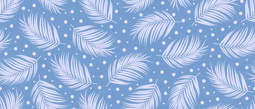 Seamless flat pattern of palm leaves resembling bird feathers. With white beads on a pale blue background, monochrome style. Ideal for textiles, wallpaper, packaging paper vector
