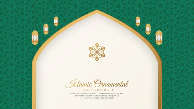 Islamic Arabic Green and White Background with Geometric pattern and Beautiful Ornament with Lanterns vector