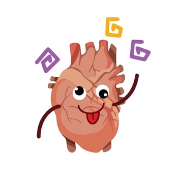 Crazy or drunk human heart organ vector character mascot illustration isolated on white background. Cartoon flat character drawing with simple and cute kawaii style.