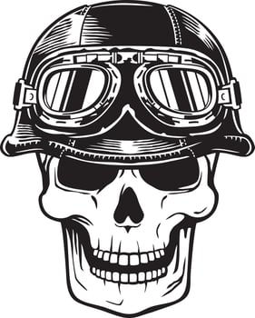 Biker Skull with Motorcycle Helmet and Googles. Motorbike Vintage Icon. Old-style Retro Design. Vector Illustration.
