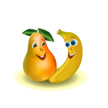 Funny fruits isolated on a white background, illustration with cute fruits, banana and pear. Decoration for juices, yoghurts, muesli, sweets vector