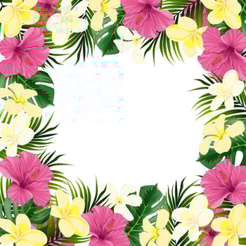A frame of hibiscus and plumeria flowers with monstera and palm leaves. Beautiful design of cosmetics, wedding invitations and much more vector