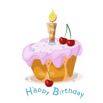 A birthday cake with a candle and an inscription. An isolated image on a white background. Suitable for greeting cards, gift bags, covers vector