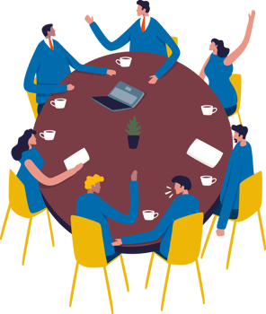 Uninterested team sitting around table in a meeting. People around a table. Illustration png