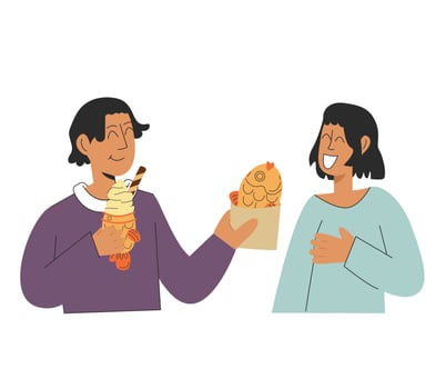 Two people friends are eating Japanese food taiyaki dessert. A boy shares food with a girl. Food concept. Vector stock illustration isolated on white background in flat style