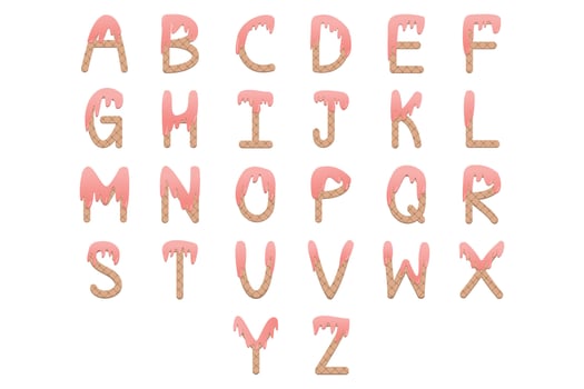 cute wafer with strawberry cream alphabet font for decorating or printing for cards or banner vector
