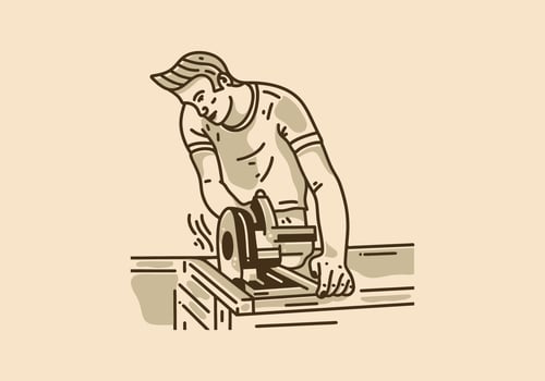 Vintage art illustration of man sawing wood with chainsaw vector
