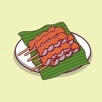 Meatball with satay on green leaves on white plate vector