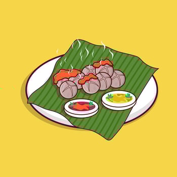 Detailed of hot meatball with sauce on banana leaf for asian food icon illustration vector