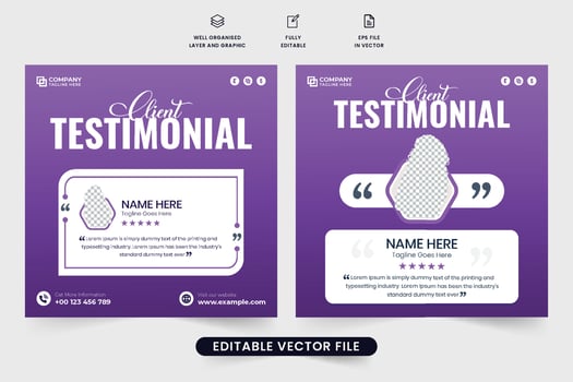 Business service review template design with comment and rating sections. Client testimonial layout template for social media marketing. Buyer feedback and web banner design with purple colors. vector