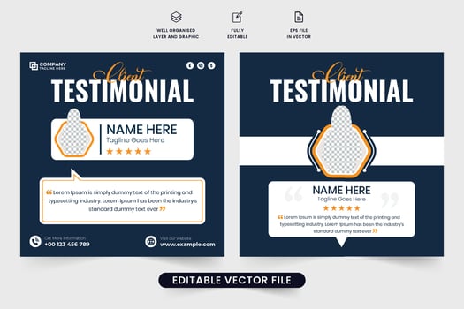 Minimal client testimonial feedback layout design with creative shapes on a dark background. Corporate business customer review template vector. Client website review with yellow and white colors. vector