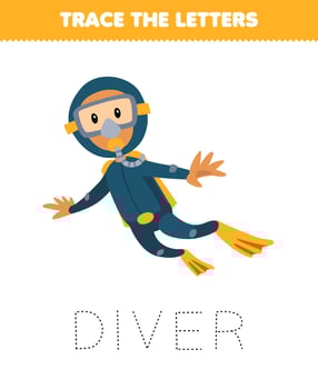 Education game for children trace the letter of cute cartoon diver printable underwater worksheet vector