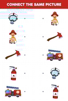 Education game for children connect the same picture of cute cartoon firefighter set printable profession worksheet vector