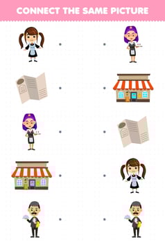 Education game for children connect the same picture of cute cartoon waiter set printable profession worksheet vector
