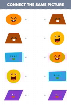 Education game for children connect the same picture of cute cartoon oval trapezoid rectangle circle parallelogram printable geometric shape worksheet vector