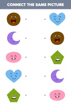 Education game for children connect the same picture of cute cartoon circle crescent oval heart pentagon printable geometric shape worksheet vector
