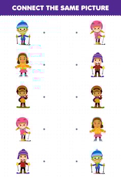 Education game for children connect the same picture of cute cartoon boy and girl playing ski snowboard and ice skating printable winter worksheet vector