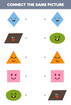Education game for children connect the same picture of cute cartoon rhombus parallelogram triangle square oval printable geometric shape worksheet vector