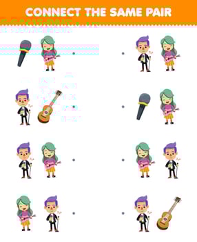 Education game for children connect the same picture of cute cartoon musician and guitarist pair printable profession worksheet vector