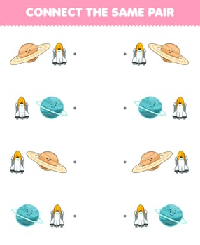 Education game for children connect the same picture of cute cartoon saturn uranus and spaceship pair printable solar system worksheet vector