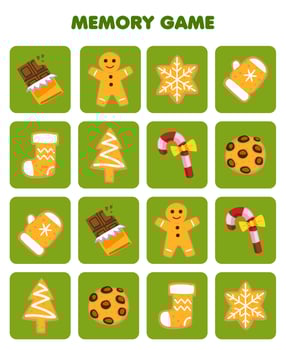 Education game for children memory to find similar pictures of cute cartoon chocolate gingerbread candy cookie printable winter worksheet vector