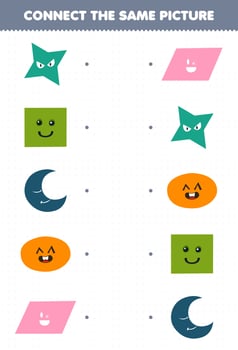 Education game for children connect the same picture of cute cartoon star square crescent oval parallelogram printable geometric shape worksheet vector