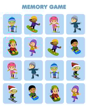 Education game for children memory to find similar pictures of cute cartoon boy and girl playing ski sled snowboard ice skating printable winter worksheet vector