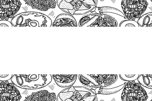 Vector food menu template, Latin american cuisine. Hand drawn black and white vintage sketchs of Mexican food.