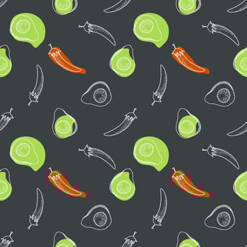 Vector Mexican food seamless pattern. Hand drawn sketch with latin american food such as nachos, tacos, burritos, quesadilla, jalapeno, cilantro, avocado, corns, beans.