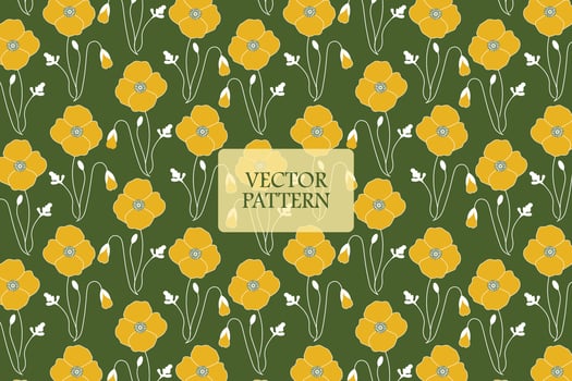 Yellow poppy blooming floral on a green background seamless repeat vector pattern abstract