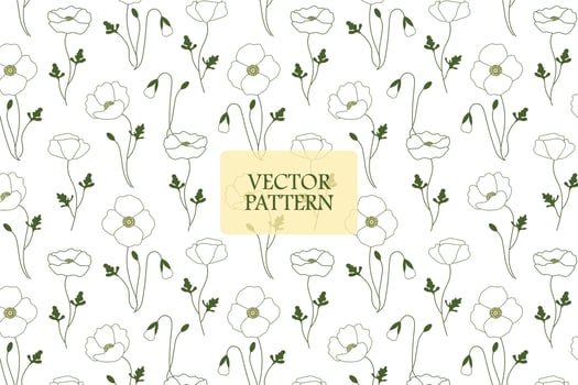 Outline poppy white flower blooming floral abstract white background seamless repeat pattern vector