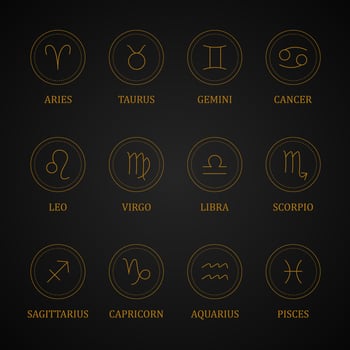 Set of gold zodiac signs. Astrological horoscope. Mystic zodiac icons. Vector illustration isolated on dark background.
