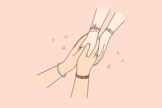 Togetherness, care, holding hands concept. Hands of loving caring people couple one in another meaning mutual love, tenderness and support illustration, close-up vector