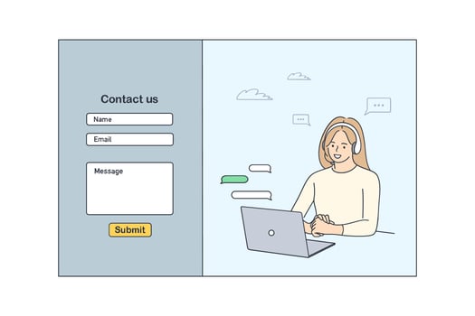 Contact us template form for web design concept. Young smiling woman customer service operator communicating with client at laptop. Helpdesk and customer support vector