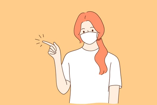 Individual protection from COVID-19 and gesturing concept. Young woman cartoon character in medical protective mask from coronavirus disease pointing with hand and finger up to side vector