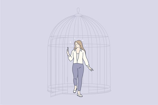 New opportunities, mental development, freedom concept. Young woman cartoon character making step out of cage and releasing herself from confined space getting freedom of mind illustration vector